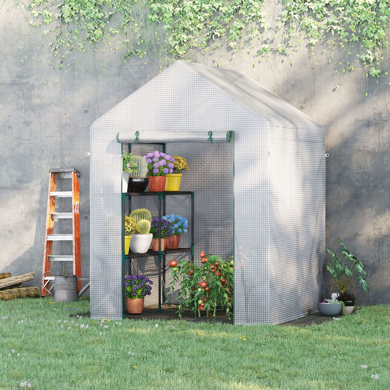 Outsunny Foliengewächshaus begehbares Gewächshaus mit 4 Regalebenen Tomatengewächshaus Treibhaus Frühbeet mit Reißverschlusstüren Weiß Stahl PE-Kunststoff 143 x 143 x 195 cm