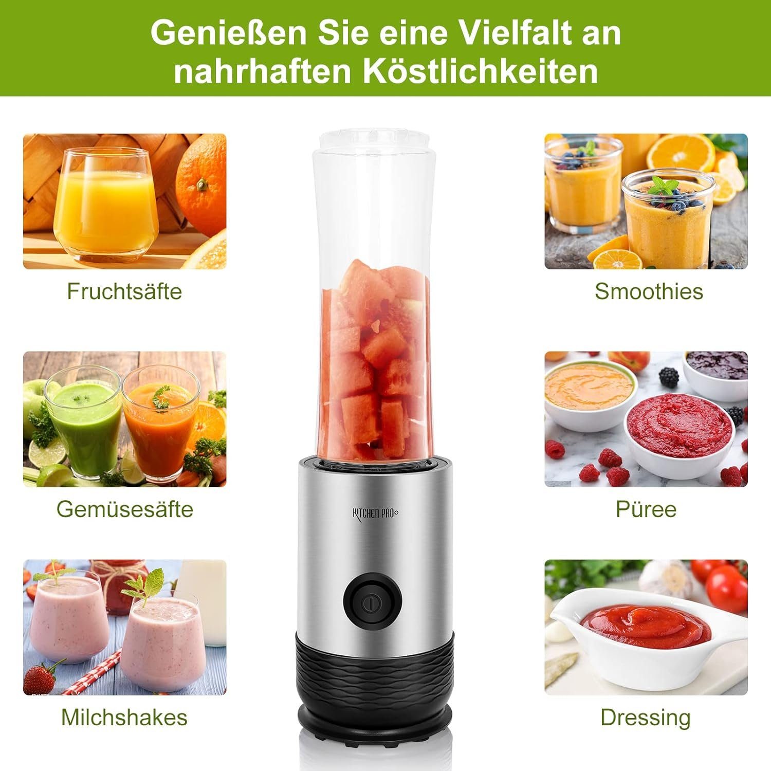 Kitchen Pro + Smoothie-Maker mit 2 To Go Flasche 260W Mixer Blender, 260,00 W, 304-Edelstahl, Leicht zu reinigen, 2 Tritan-Trinkflaschen