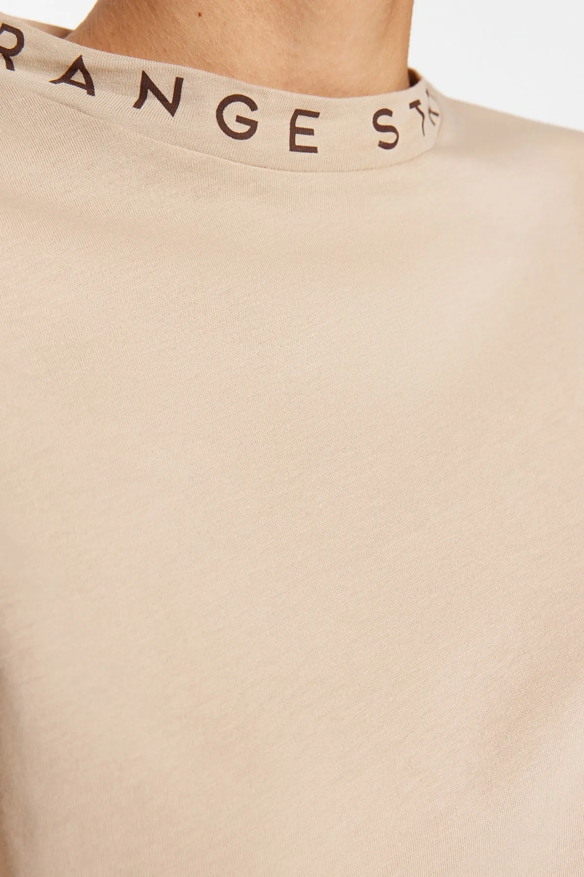 Trendyol Collection  Basic-Strick-T-Shirt mit Stehkragen aus 100 % Baumwolle mit Slogan-Print in Stone TWOAW20TS0099