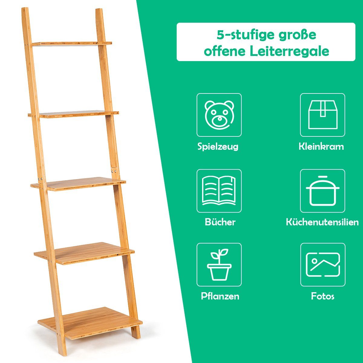 COSTWAY Leiterregal, Bücherregal 5 Ebenen, Bambus, schmal, 43x35x165cm