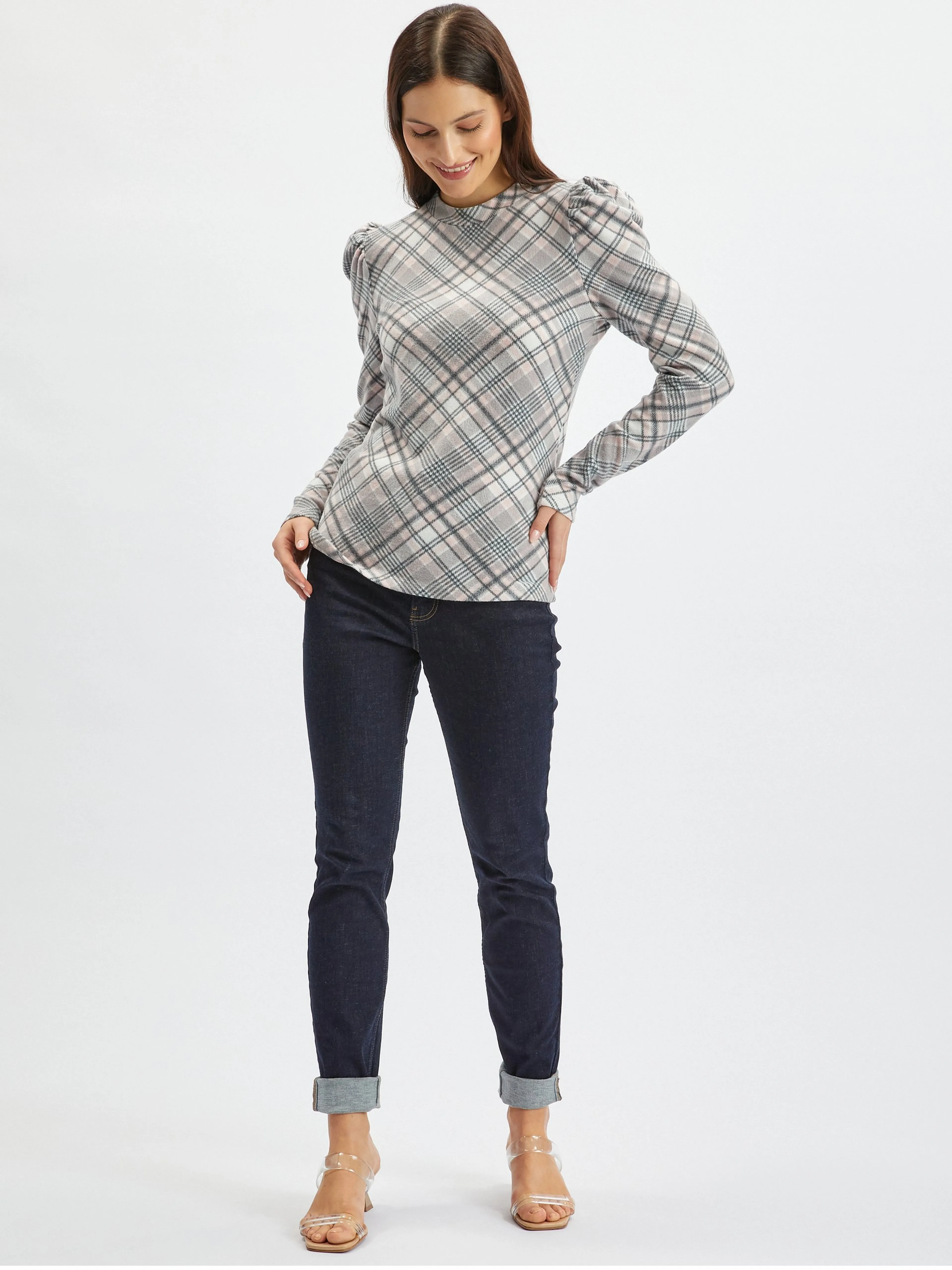 Rosa und grauer Damen-Karo-Pullover ORSAY