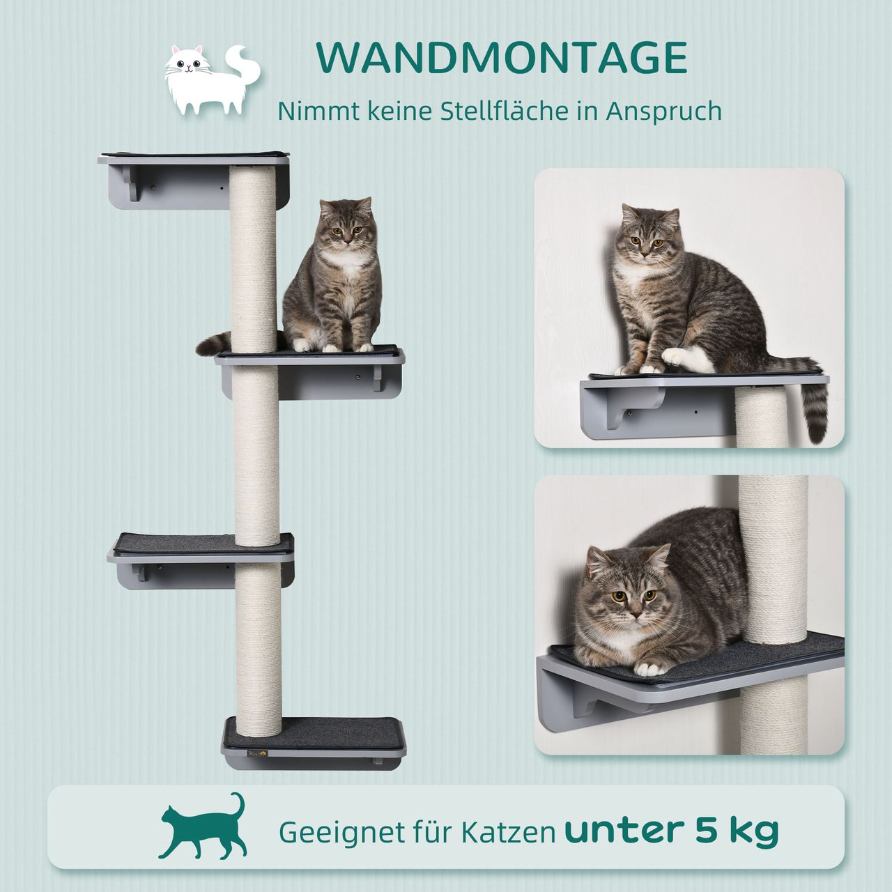 PawHut Wandkratzbaum Katzen-Kletterwand Kratzbaum Katzenmöbel für die Wand Kletterspaß für Katzen Wandmontage Holz Hellgrau Beige 66 x 28 x 137 cm