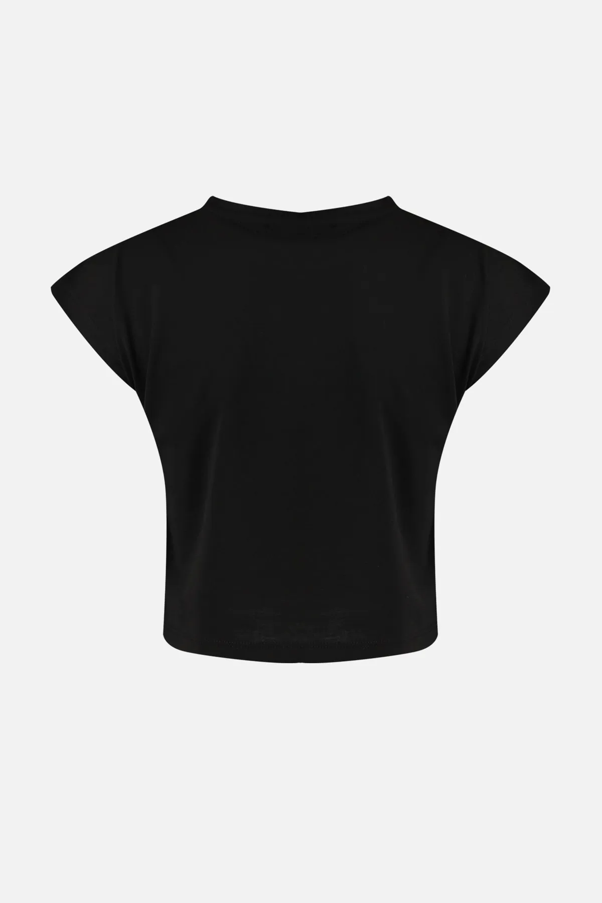 Trendyol Collection  Schwarzes Strick-T-Shirt aus 100 % Baumwolle mit Basic-Crop-Muster und niedrigen Ärmeln und Rundhalsausschnitt TWOSS22TS0378