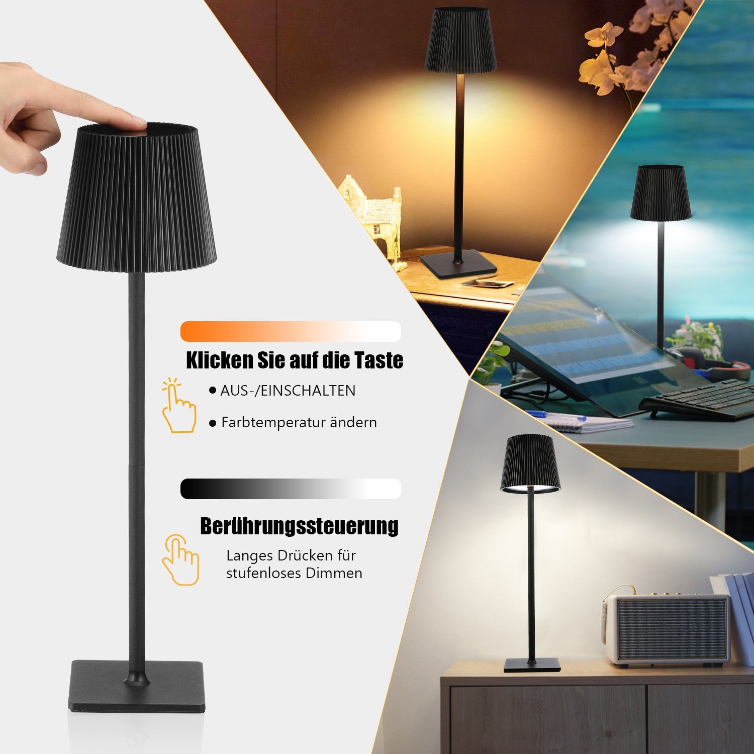 iscooter LED Tischleuchte LED Tischlampe,Touch Dimmbar 3 Farben Metall led tischleuchte kabellos, LED fest integriert, Kaltweiß, Naturweiß, Warmweiß, IP54 aufladbare LED Tischlampe, Abnehmbar Tischlampe mit Metallsocke