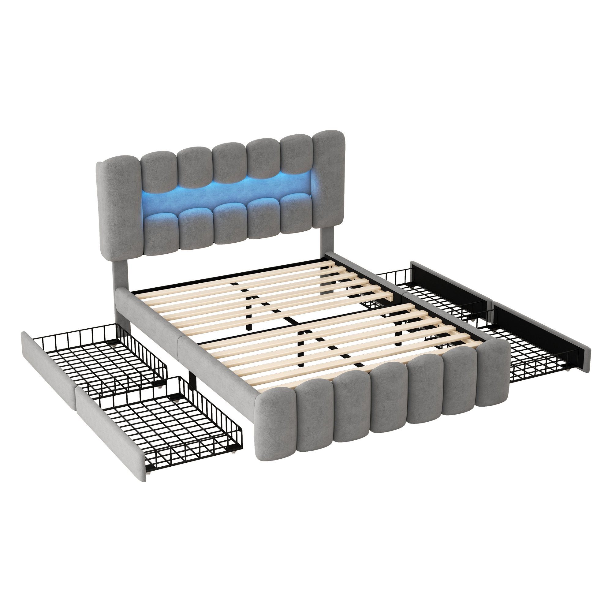 HAUSS SPLOE Polsterbett Polsterbett Funktionsbett Bettrahmen KInderbett Doppelbett (mit 4 Schubladen und LED-Lichtleiste, Jugendbett mit USB und Stereoanlage), 140*200 cm, Grau
