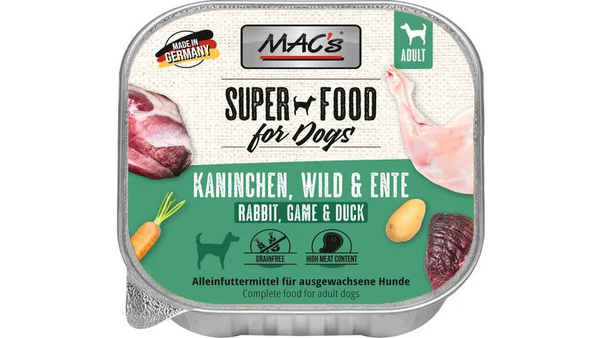 MAC's DOG Hundenassfutter Kaninchen, Wild & Ente 150 g
