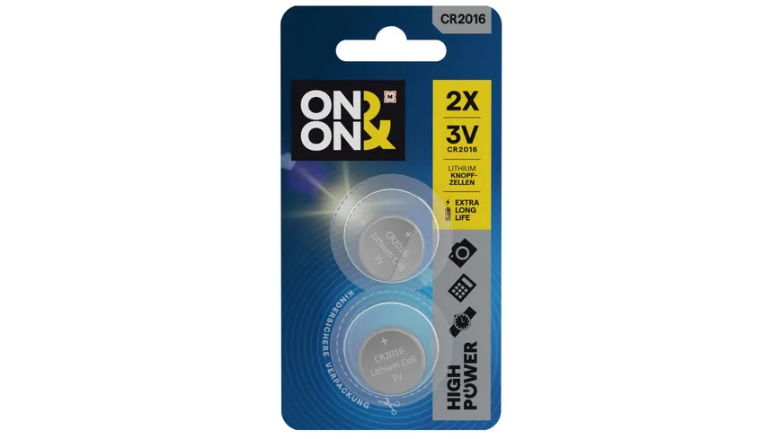 ON&ON Knopfzelle Lithium CR2016, 2 St