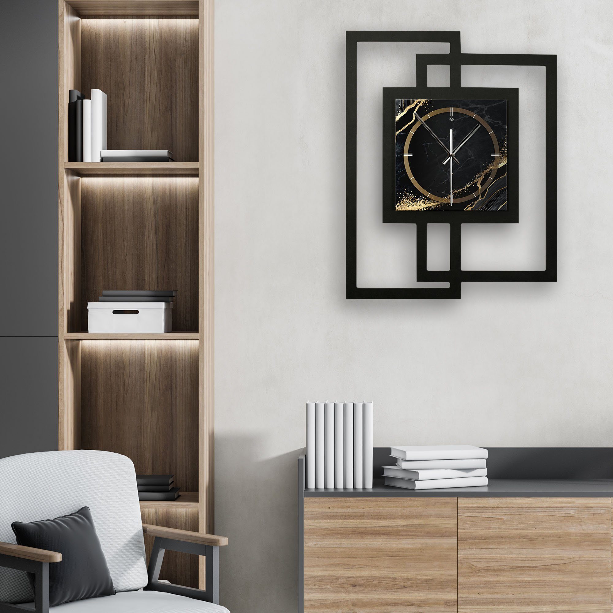 Kreative Feder Wanduhr Design-Wanduhr „Black & Gold Waves“ in modernem Metallic-Look (ohne Ticken; Funk- oder Quarzuhrwerk; elegant, außergewöhnlich, modern)