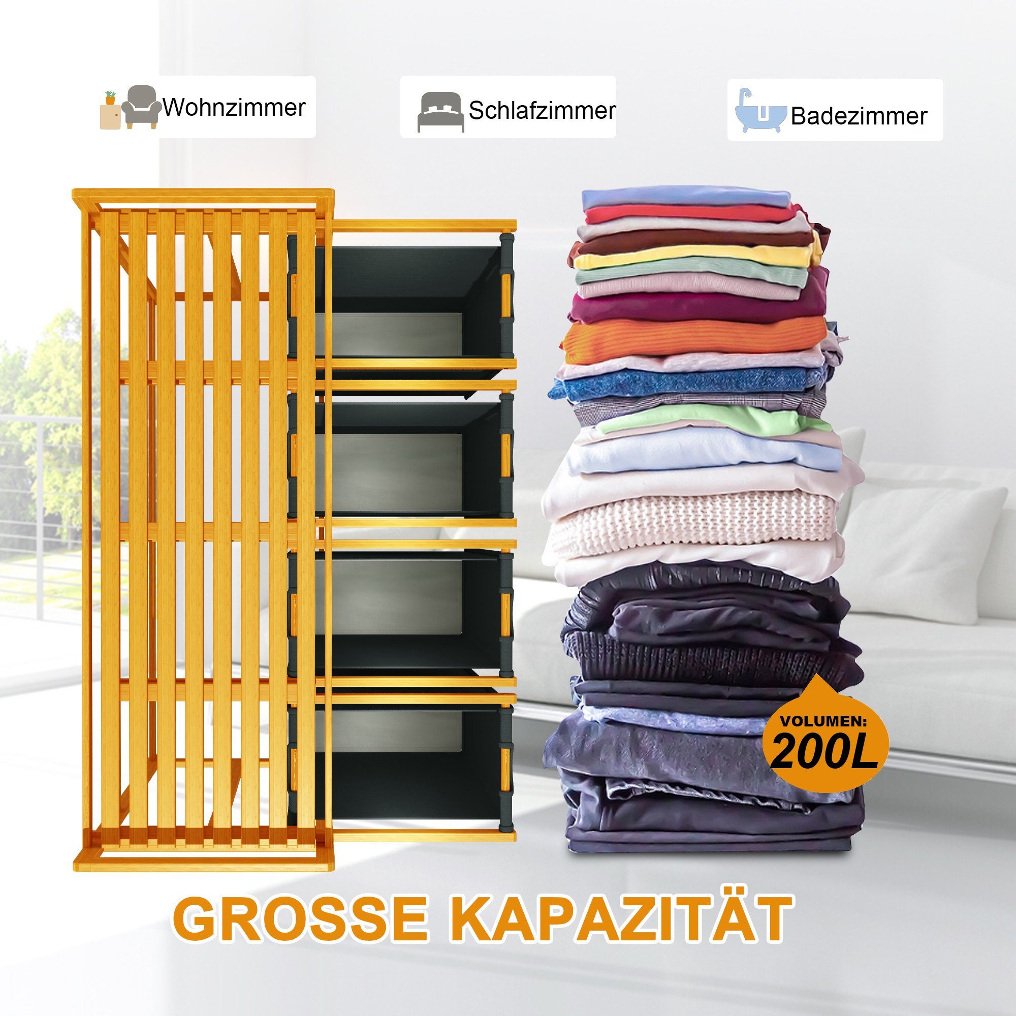 AdelDream Wäschekorb mit Bambusrahmen,200 l, 4 Fächer,Wäschesortierer