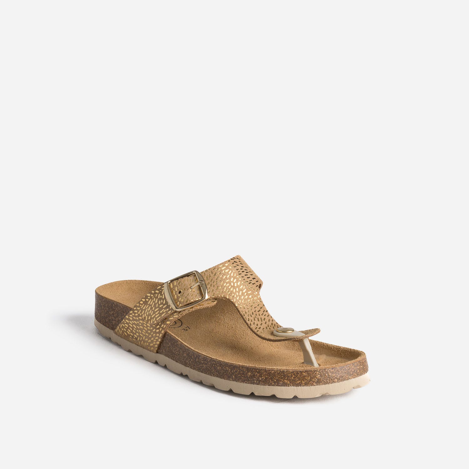 Tong anatomique beige en cuir velours détails dorés