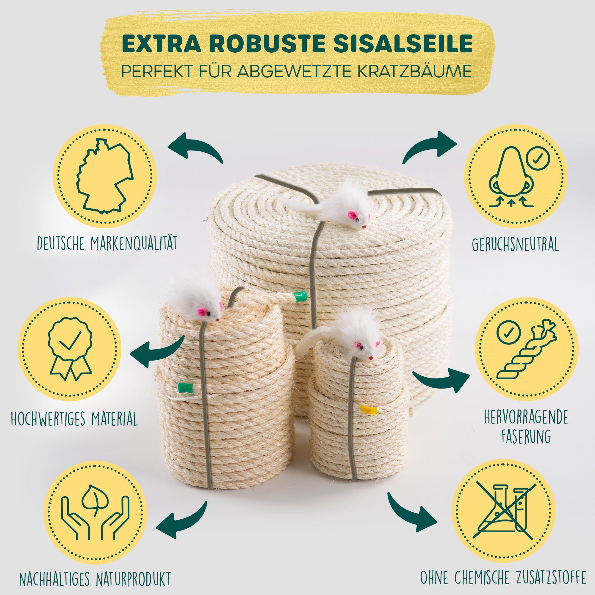 Happypet Kratzbaum Sisalseil, DIY Sisalschnur Hanfseil, Krallenpflege für Katzen, Gratis Spielmaus