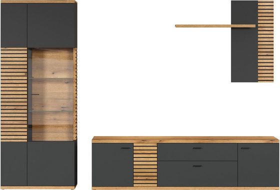 INOSIGN Wohnwand NORRISWW, (Set, 3-St), Wohnwand-Set in Anthrazit mit Coast Evoke Eiche, Türen mit Soft-Close