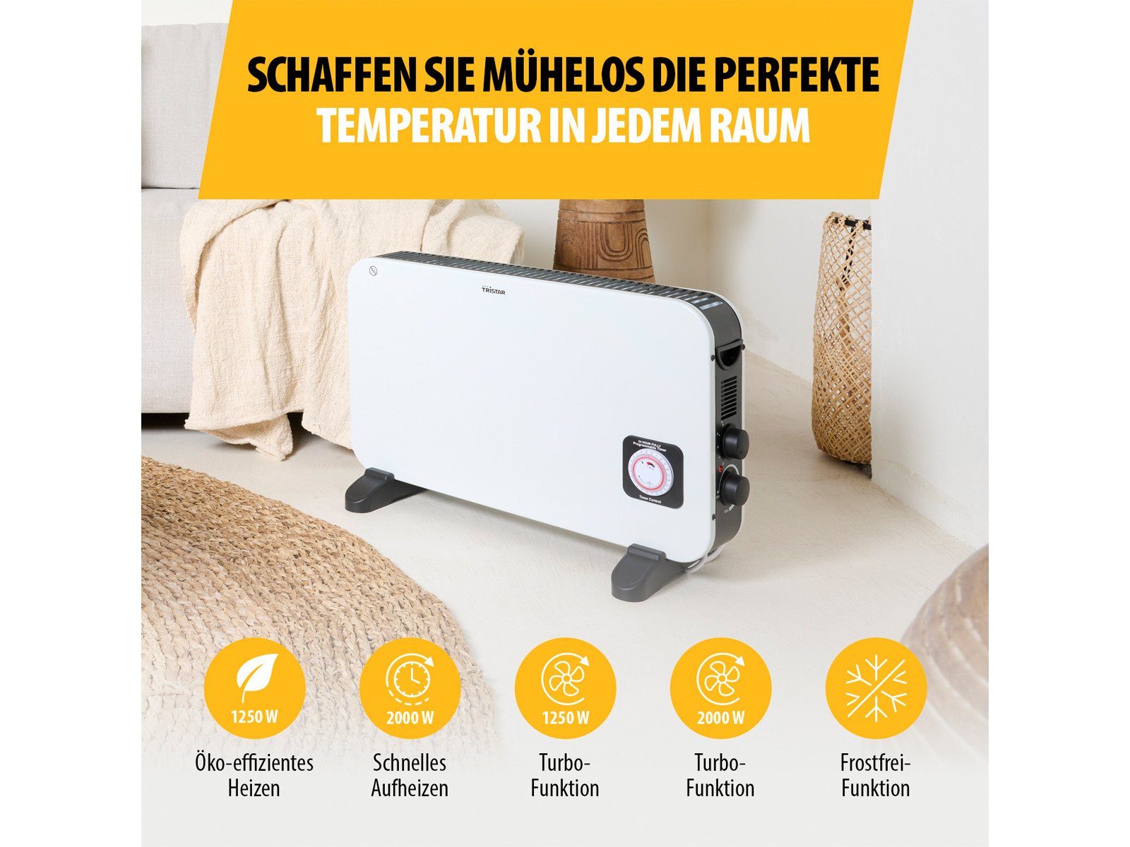 Tristar Konvektor, 2000 W, Zusatz-Heizung Elektroheizer mobiles Heizgerät Heizkonvektor für 25m²