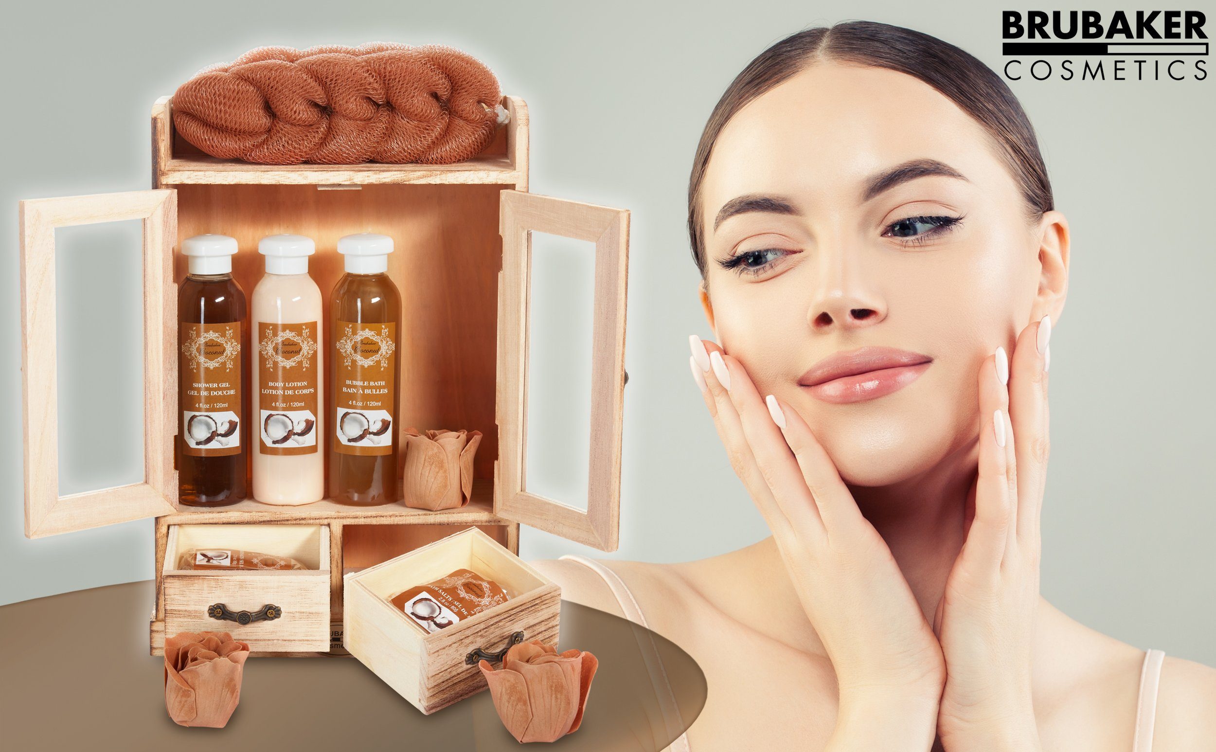 BRUBAKER Pflege-Geschenkset 2 in 1 Pflegeset Kokos & Kokosnuss Erdbeere - Wellness Set, 15-tlg., Damen Dusch- und Badeset - Frauen Beauty Geschenkset mit Dekoration