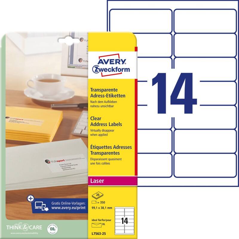 AVERY Zweckform Abziehhilfe QuickPEEL Wasserabweisend Selbsthaftend Adressetiketten L7563-25 Selbsthaftend DIN A4 Transparent 99,1 x 38,1 mm 25 Blatt à 14 Etiketten