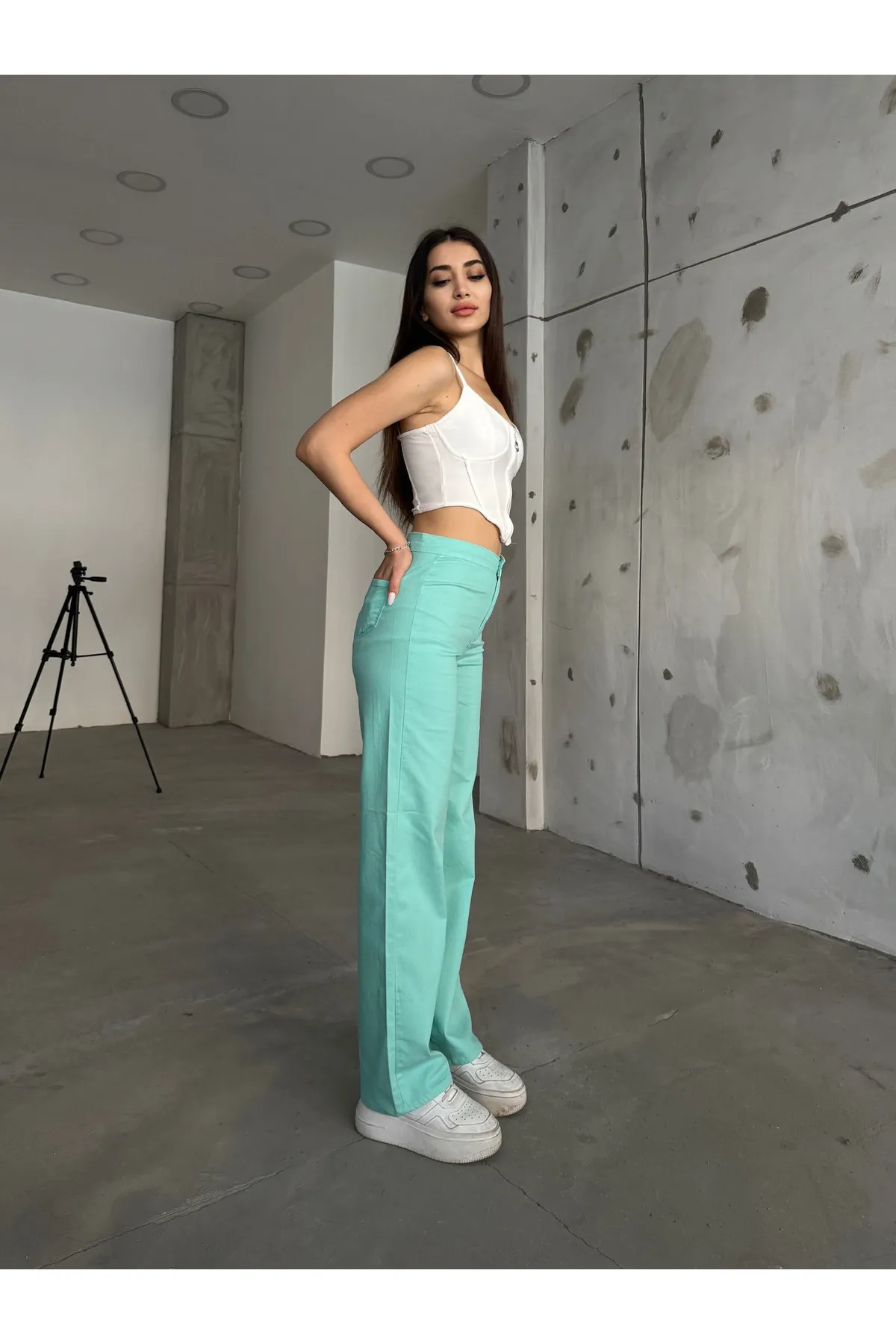 BİKELİFE  Mintgrüne Lycra-Palazzo-Hose mit hoher Taille für Damen