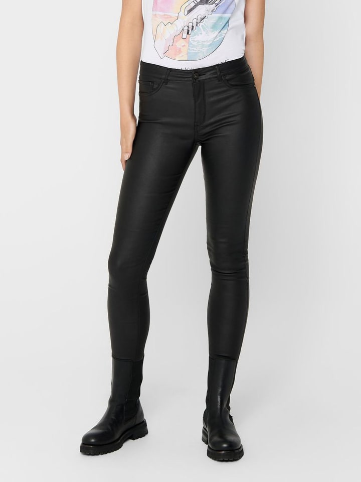 JACQUELINE de YONG Skinny Jeans Leder Optik High Waist Stretch Coated Denim Pants in Schwarz günstig kaufen Gr.34/L32