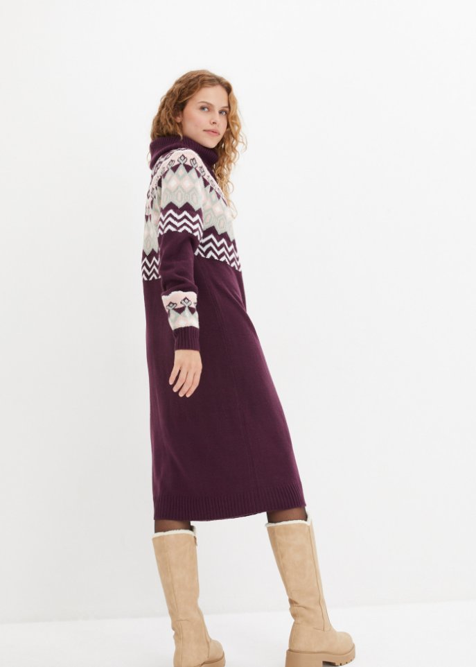 Strickkleid mit Norwegermuster und weitem Rollkragen, kniebedeckend