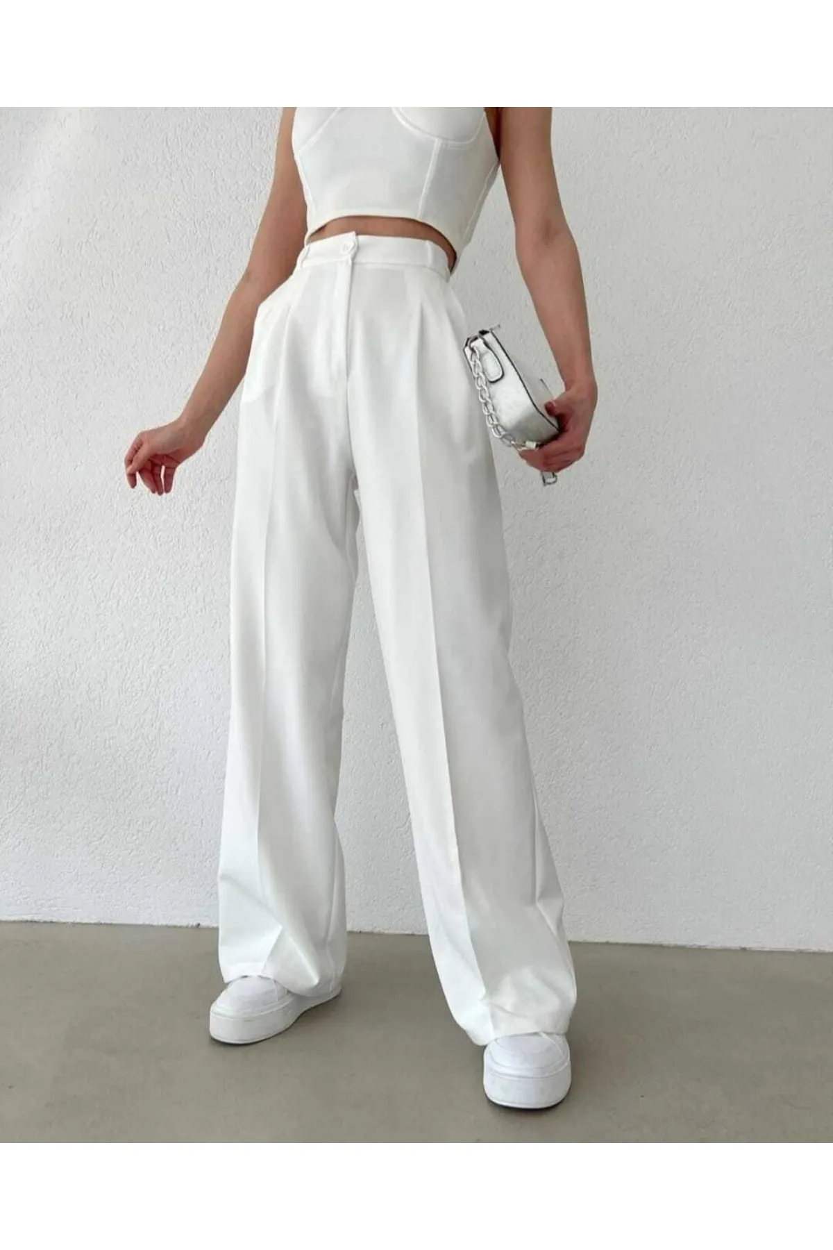 modazoom  Weiße Palazzo-Hose mit hoher Taille für Damen