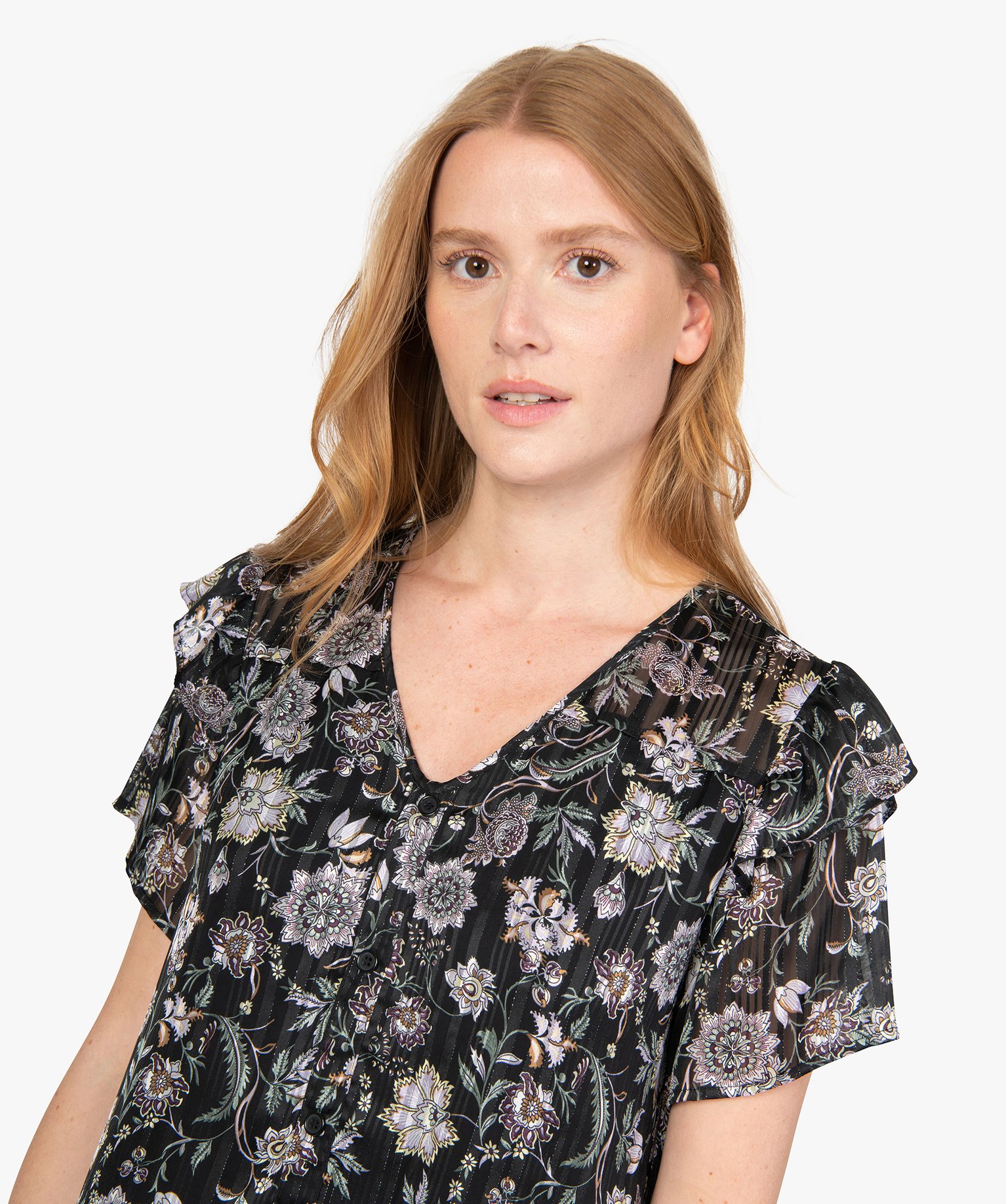 Robe femme à motifs fleuris et volants sur les épaules | GEMO