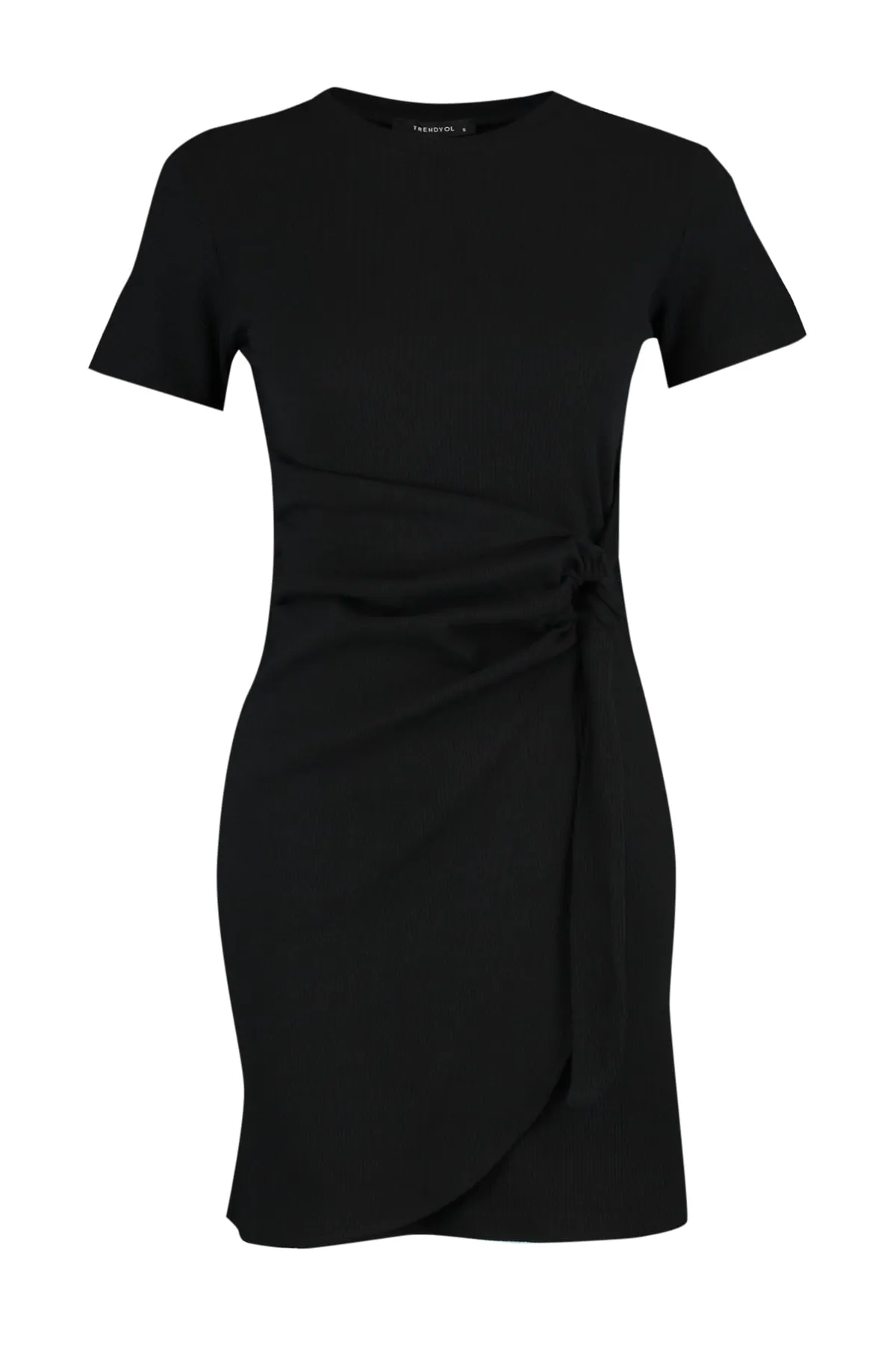 Trendyol Collection  Schwarzes, detailliertes Strick-Minikleid mit Rundhalsausschnitt und Strickoptik TWOSS22EL0751