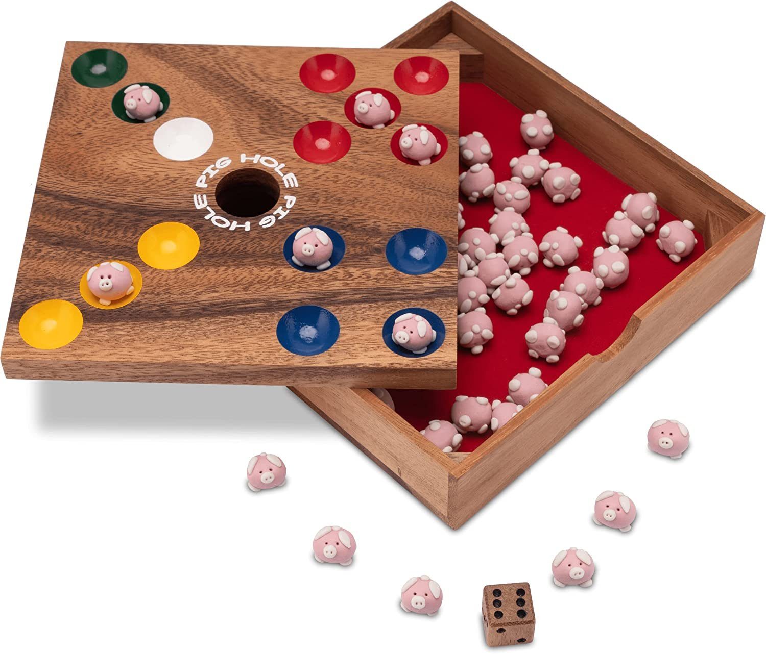 Logoplay Holzspiele Spiel, Pig Hole für 2 bis 6 Spieler - Spielfeld 18 x 18 cm - inkl. 60 Schweinchen Holzspielzeug