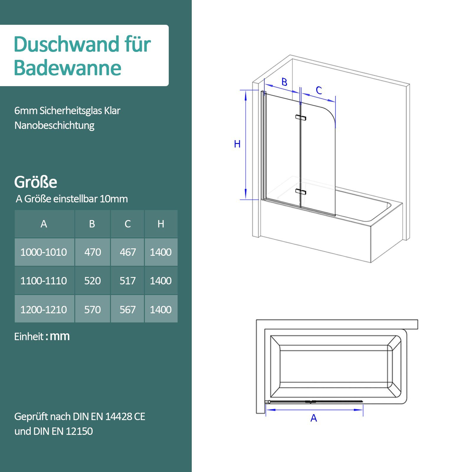 EMKE Badewannenaufsatz Duschwand für Badewanne Badewannen-Duschwand 2-teilig Faltbar Schwarz