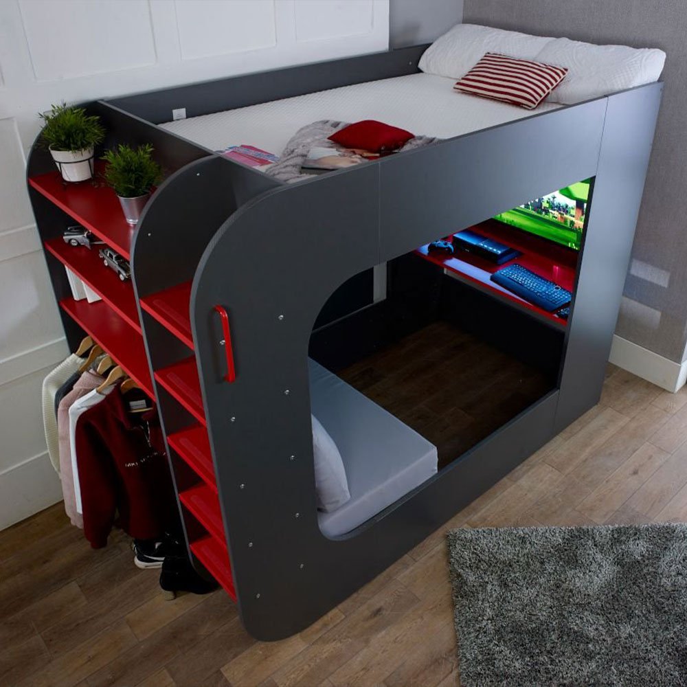 PodBed Grey and Red Gaming High Sleeper with Grey Sofa