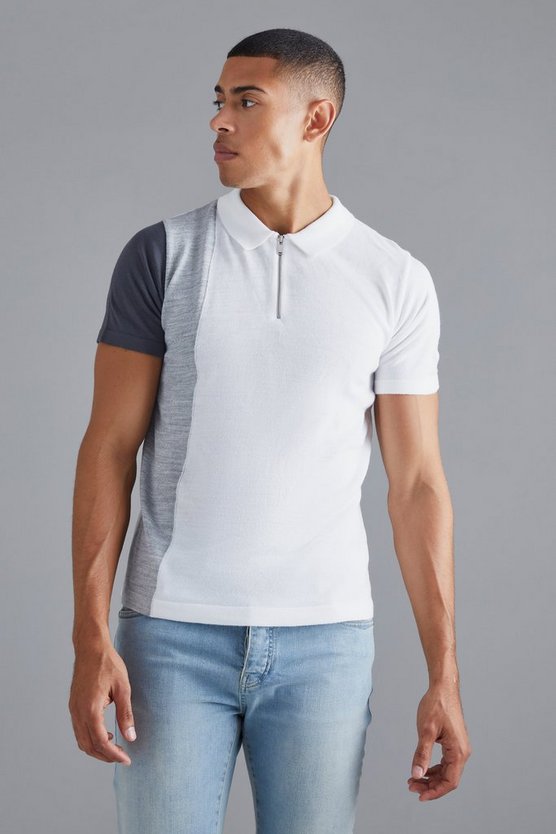 Kurzärmliges Colorblock Strick-Poloshirt mit halbem Reißverschluss