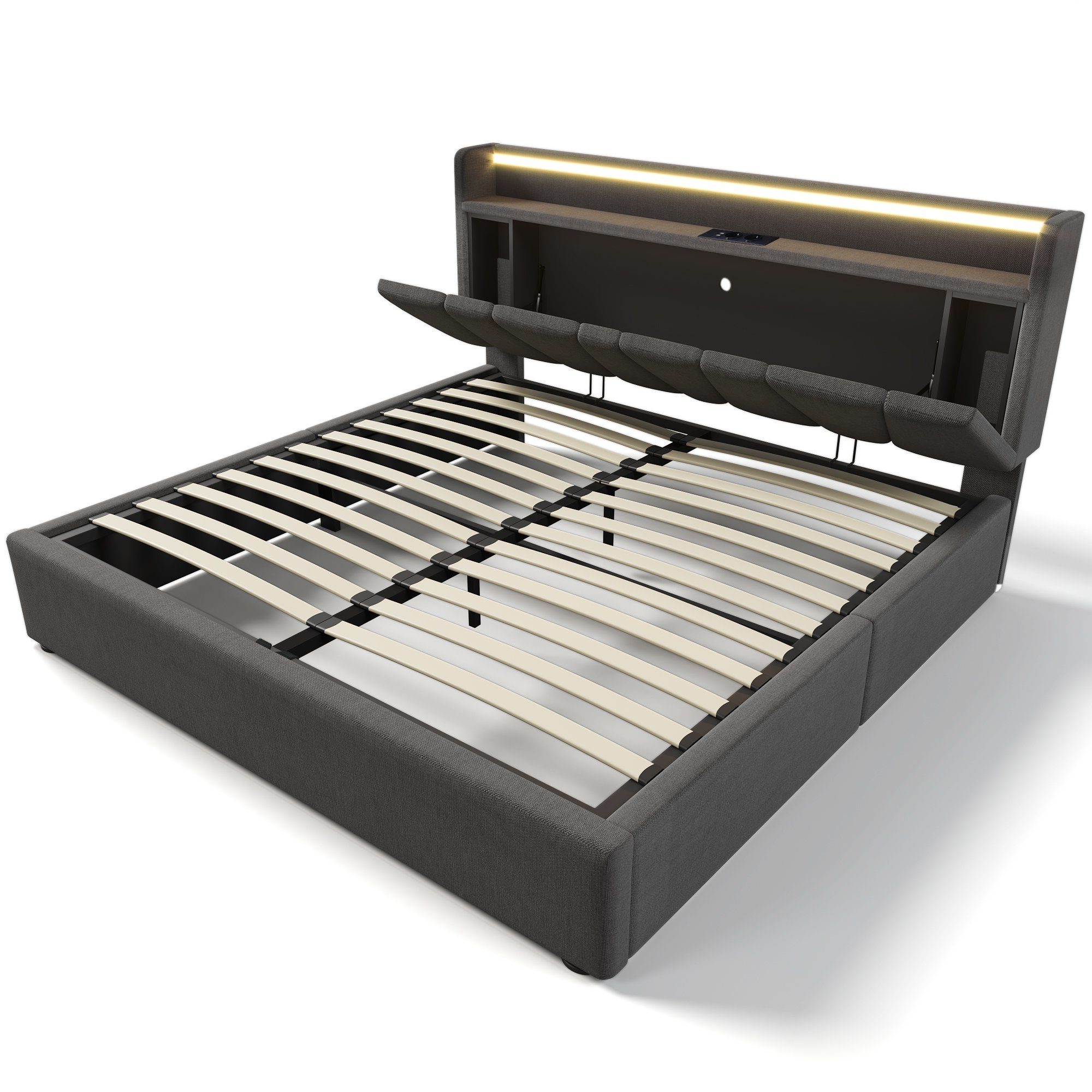 OKWISH Polsterbett Doppelbett (mit aufladen USB Ladefunktion Stauraum-Kopfteil, LED-Beleuchtung), 160x200cm Ohne-Matratze Stauraumbetten Bettgestell