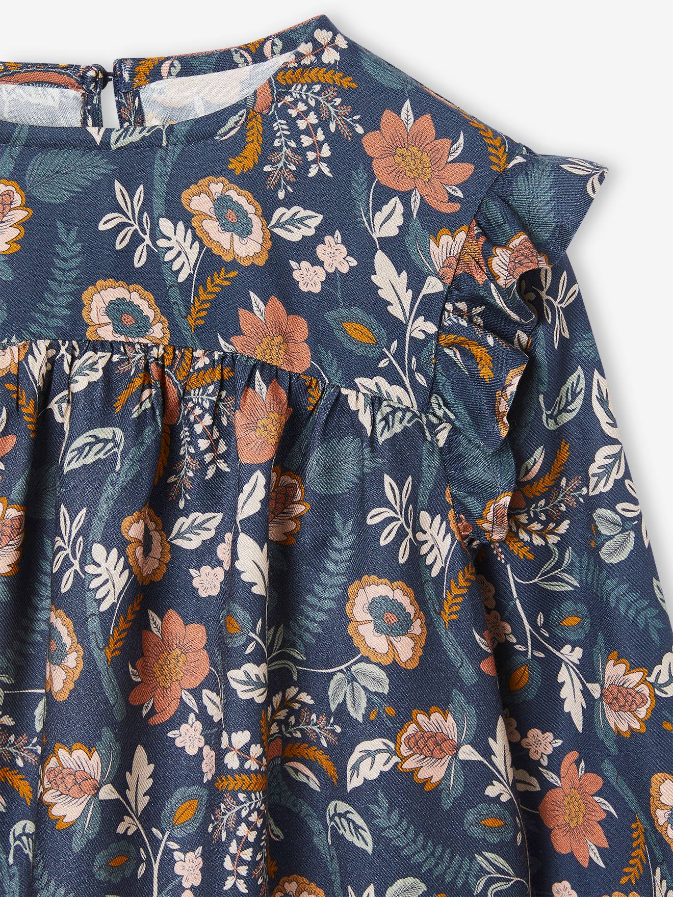 Blouse fleurie fille manches volantées bleu grisé