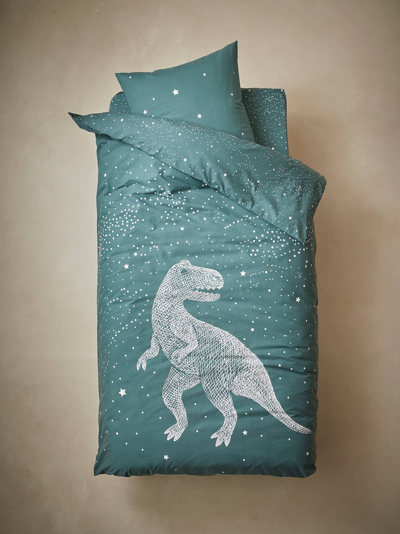 Vertbaudet Kinder Bettwäsche-Set GRAPHIC DINO mit Leuchtsternen Oeko-Tex - grün
