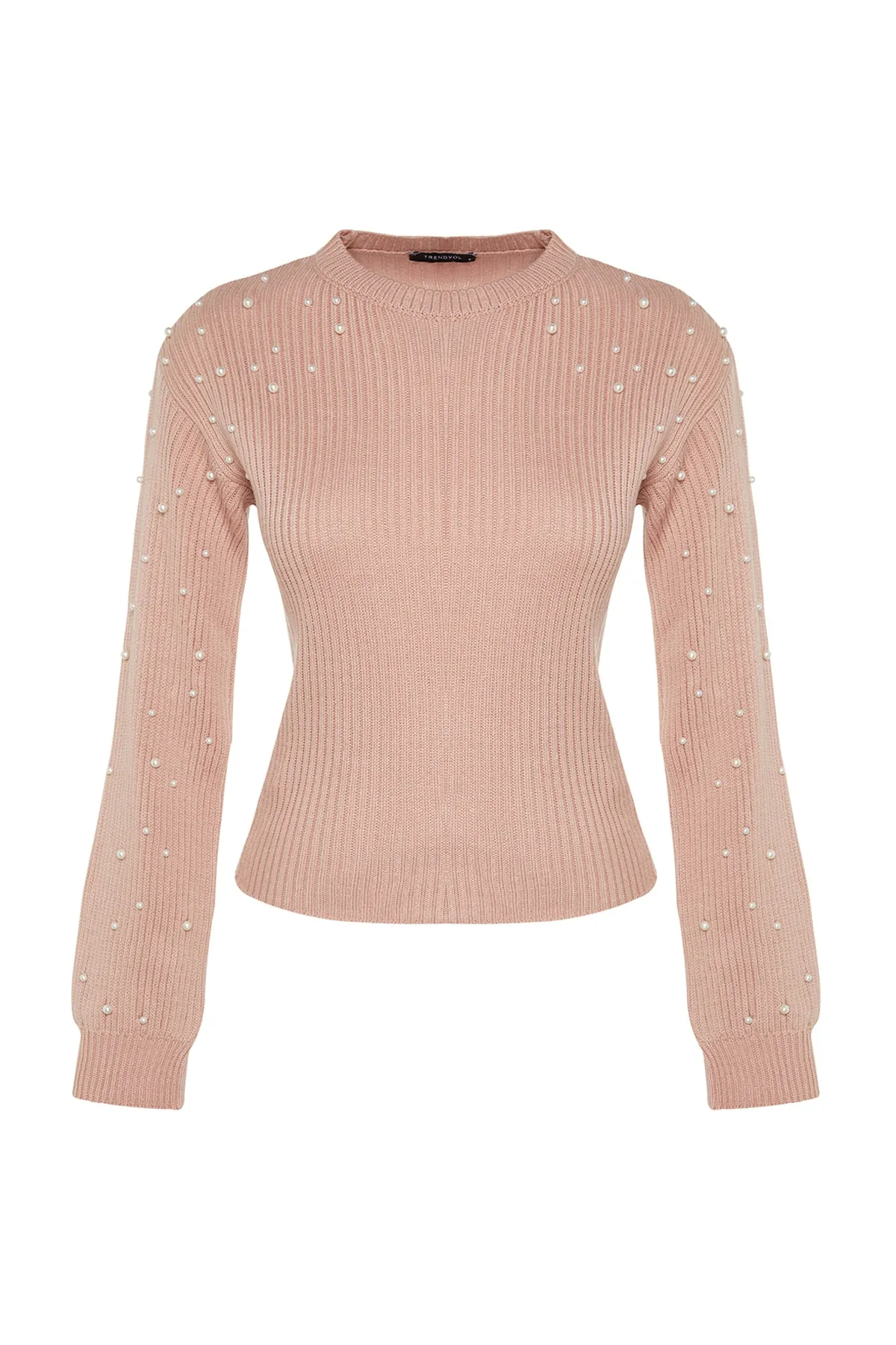Trendyol Collection  Pullover mit Rundhalsausschnitt und Perlendetail in Puder TWOAW22KZ1493
