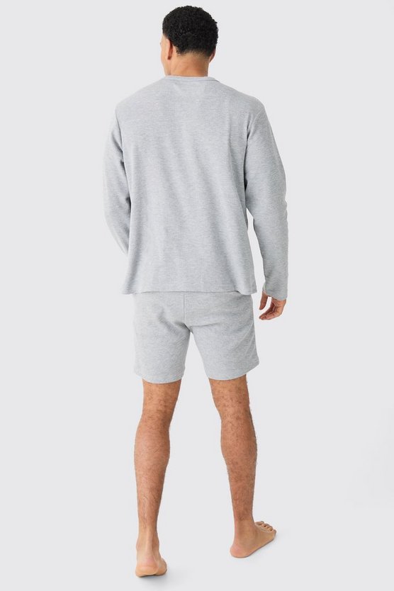 Langärmliges Loungewear-Oberteil & Shorts in Waffeloptik