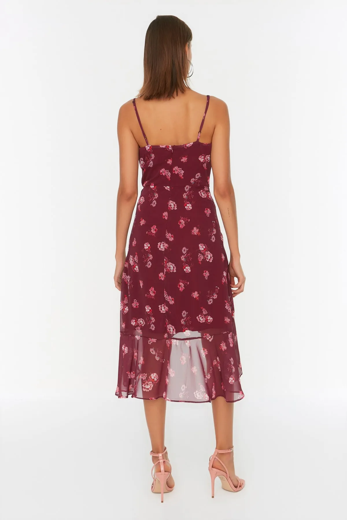 Trendyol Collection  Pflaumenfarbenes, zweireihiges, gewebtes Midi-Kleid mit gefütterten Rüschen und Blumenmuster TWOSS21EL2141