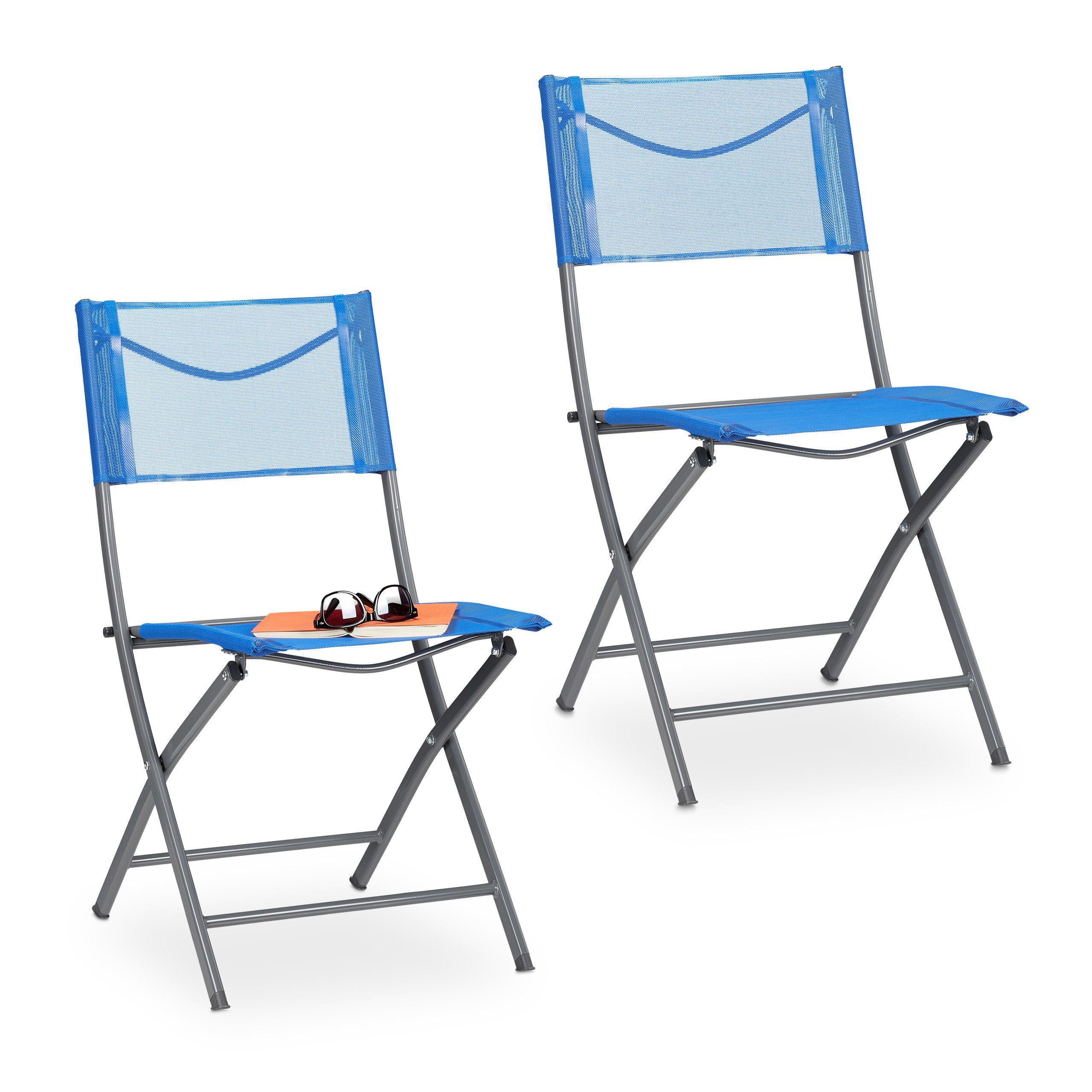 relaxdays Klappstuhl Klappbarer Gartenstuhl 2er Set blau