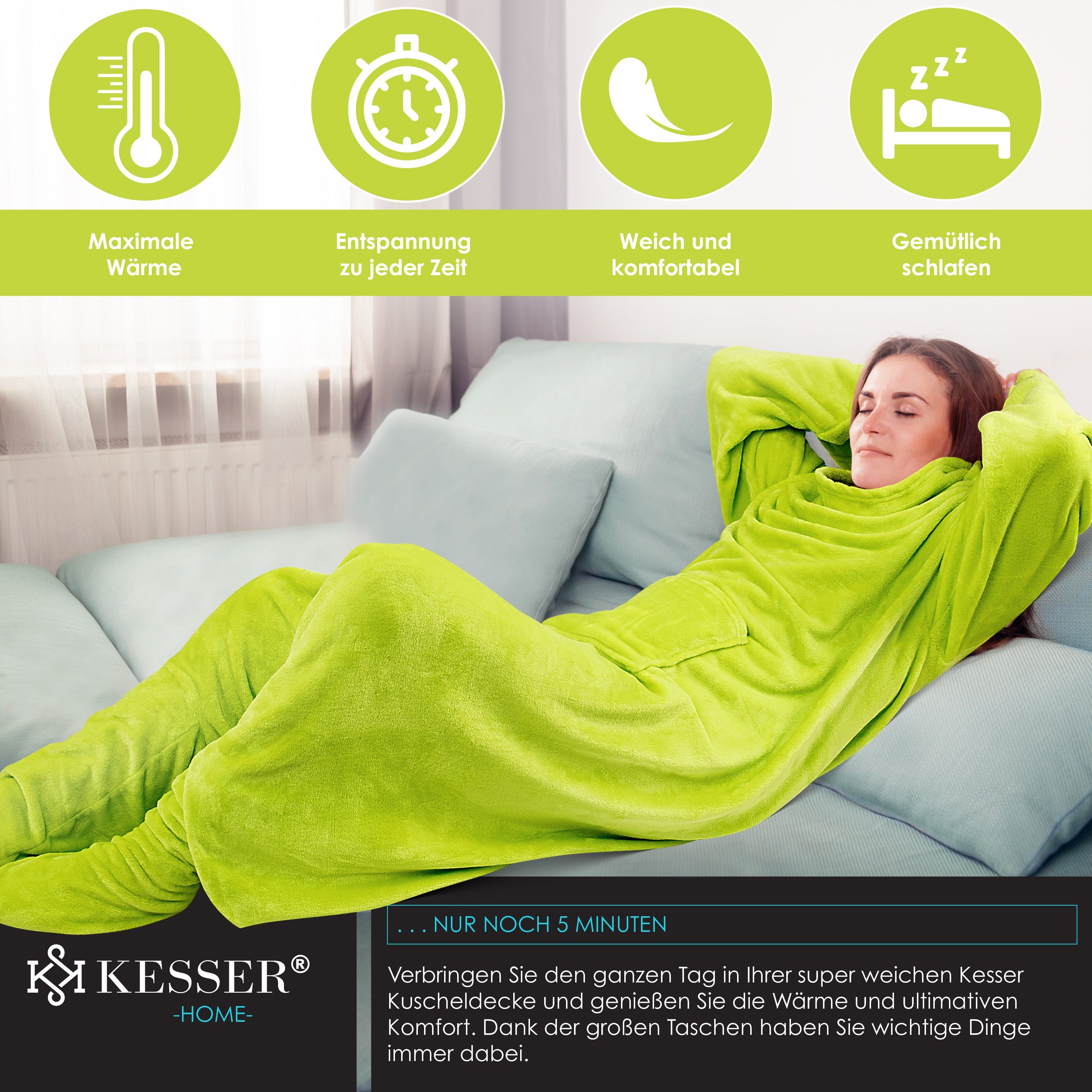 Wohndecke, KESSER, Kuscheldecke TV Decke mit Ärmeln Fußtasche Ärmeldecke