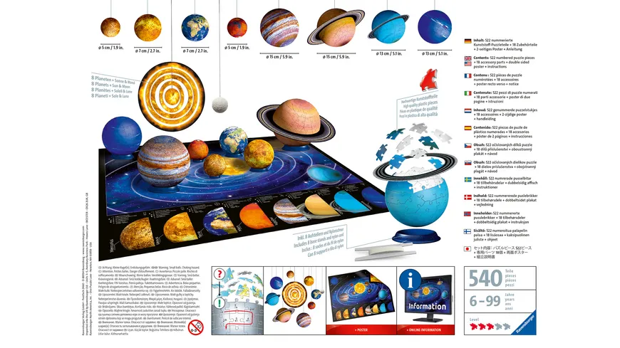 Ravensburger Puzzle - 3D puzzleball - Planetenbox 27/54/72/108 Teile