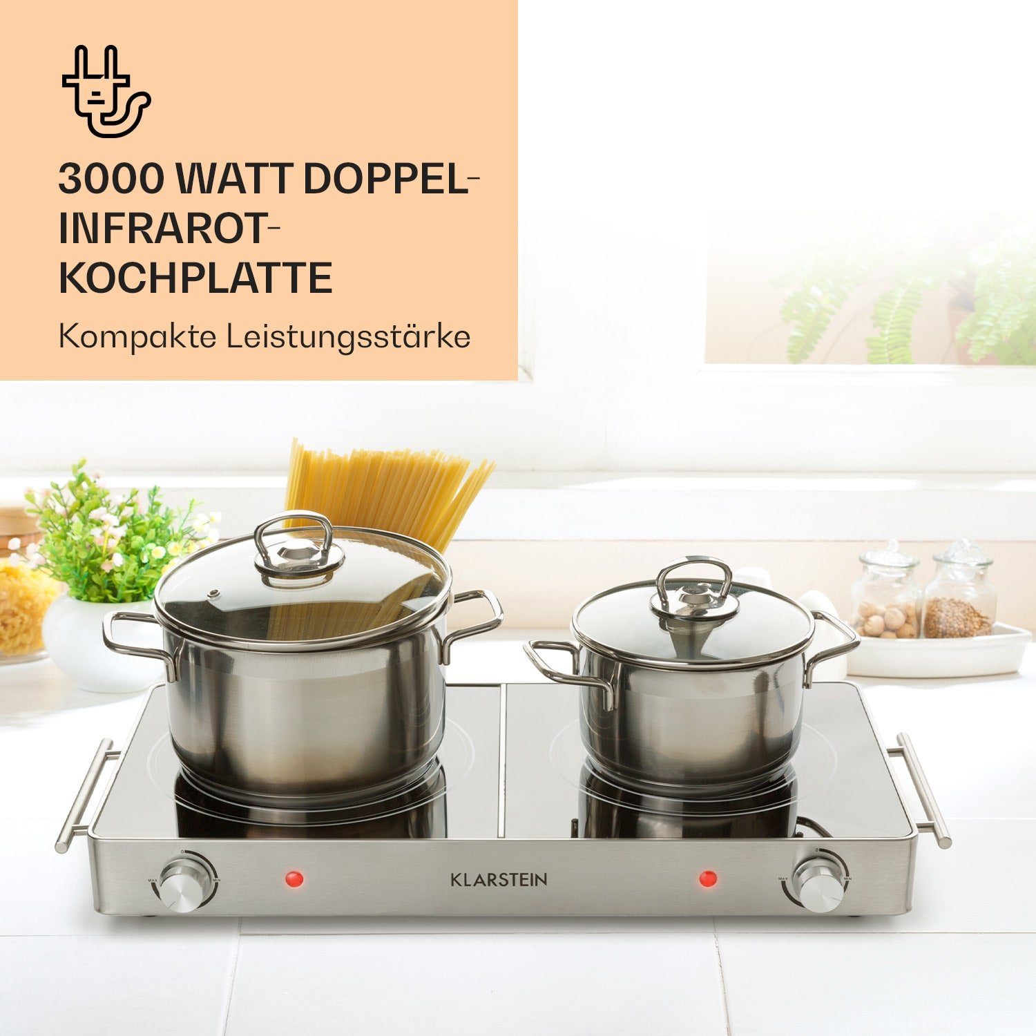 Klarstein Doppelkochplatte VariCook Duo Kochplatte 3000W Edelstahlgehäuse Tragegriffe, Kochplatte 2 Platten Glaskeramik Kochfeld