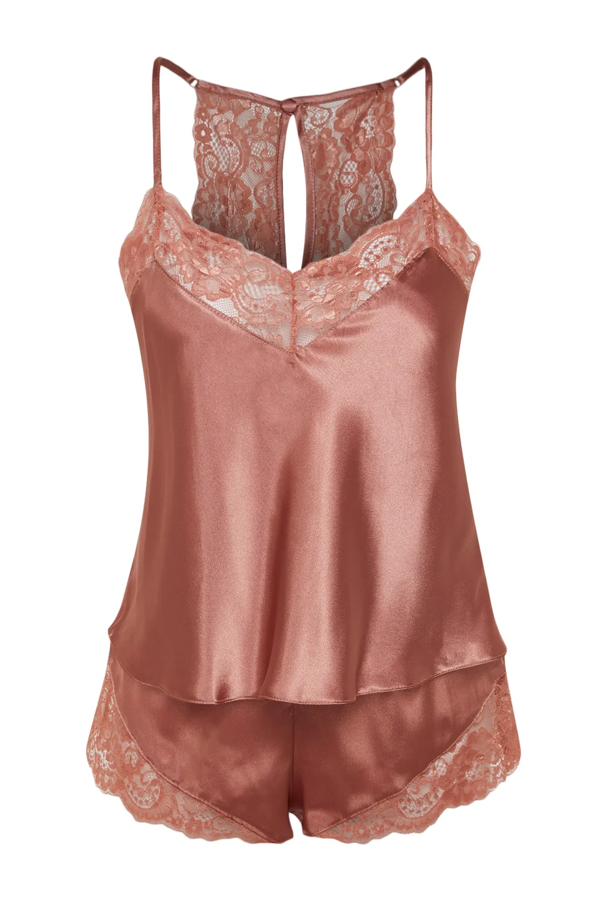 Trendyol Collection  Lachsfarbenes Pyjama-Set aus gewebtem Satin mit Spitzendetails und Seilträgern THMSS22PT0269
