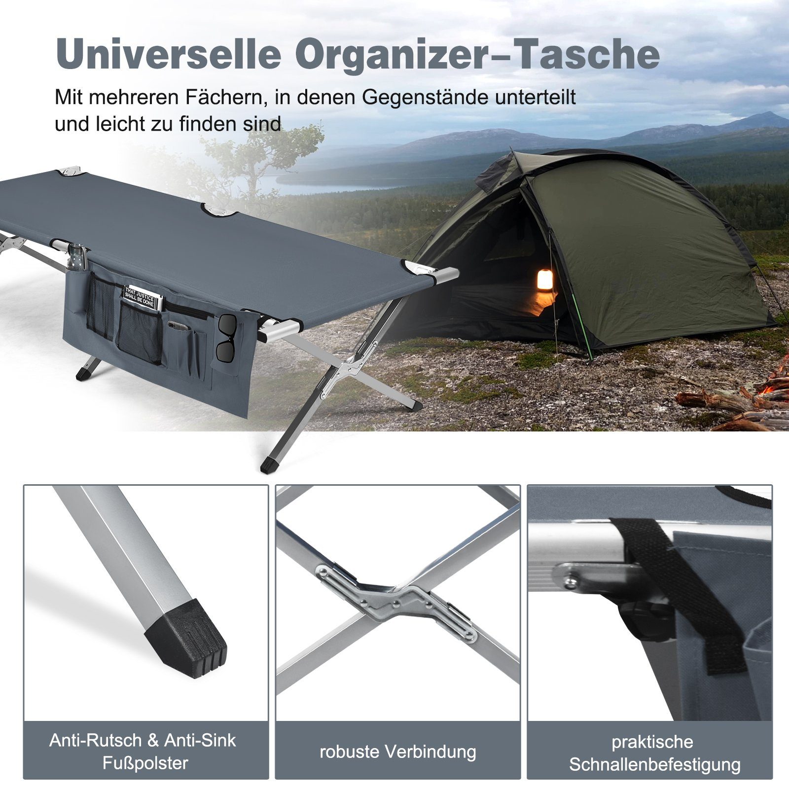 COSTWAY Feldbett Campingbett klappbar, mit Seitentasche, 130kg belastbar