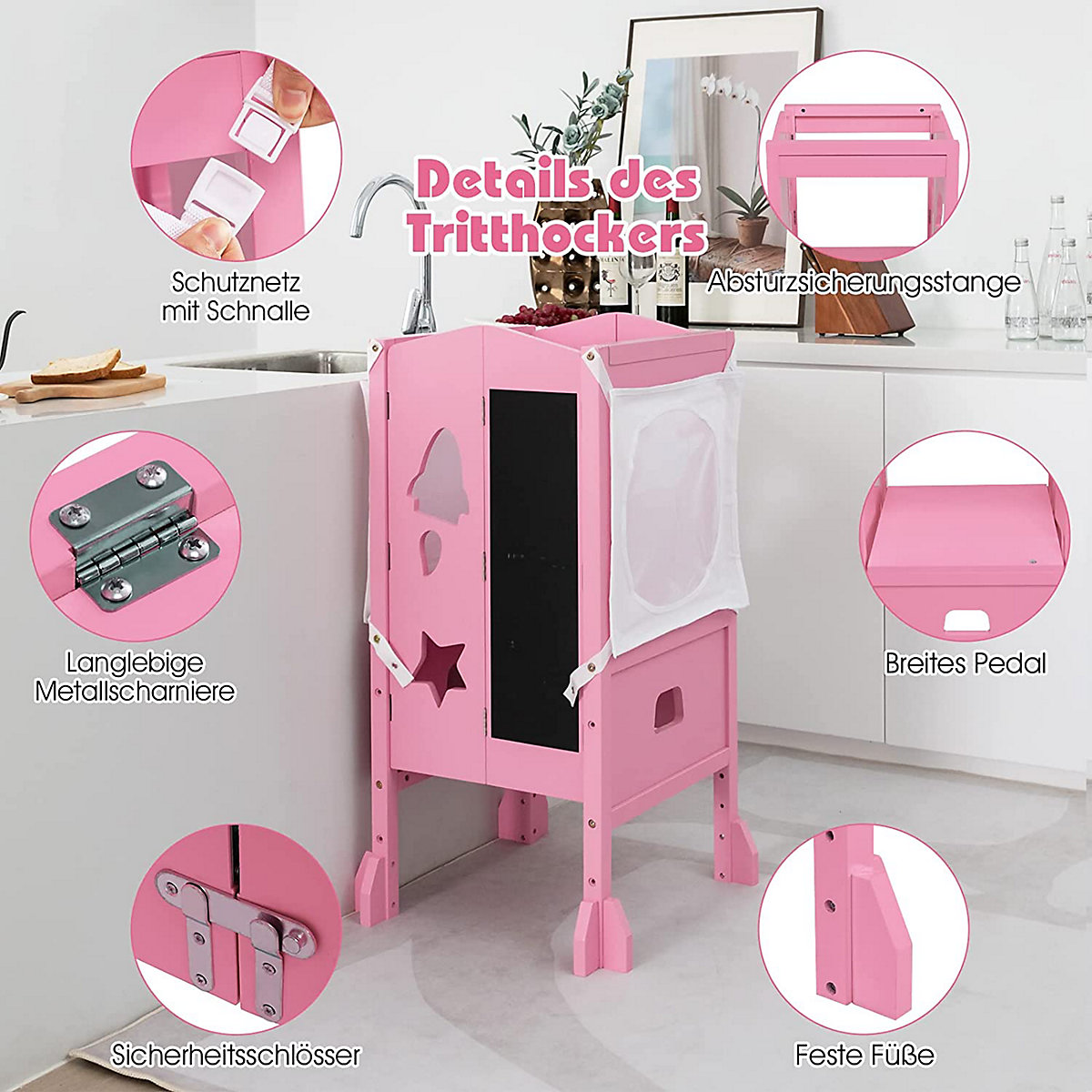 Lernturm Tritthocker klappbar mit Tafel & Sicherheitsnetz