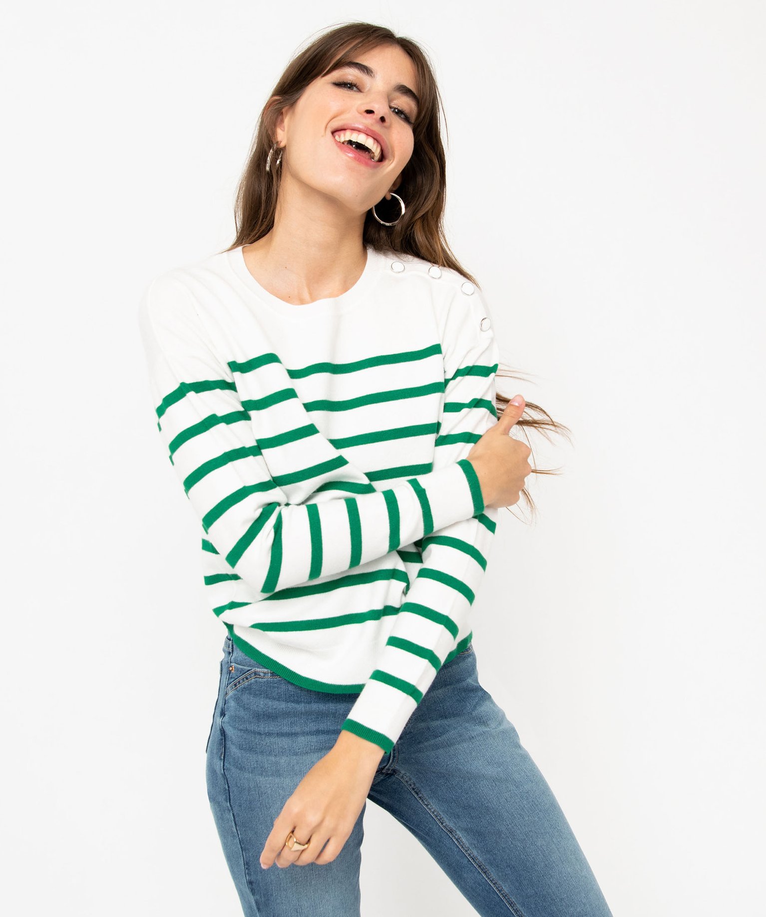 Pull rayé en maille fine avec col rond femme raye | GEMO