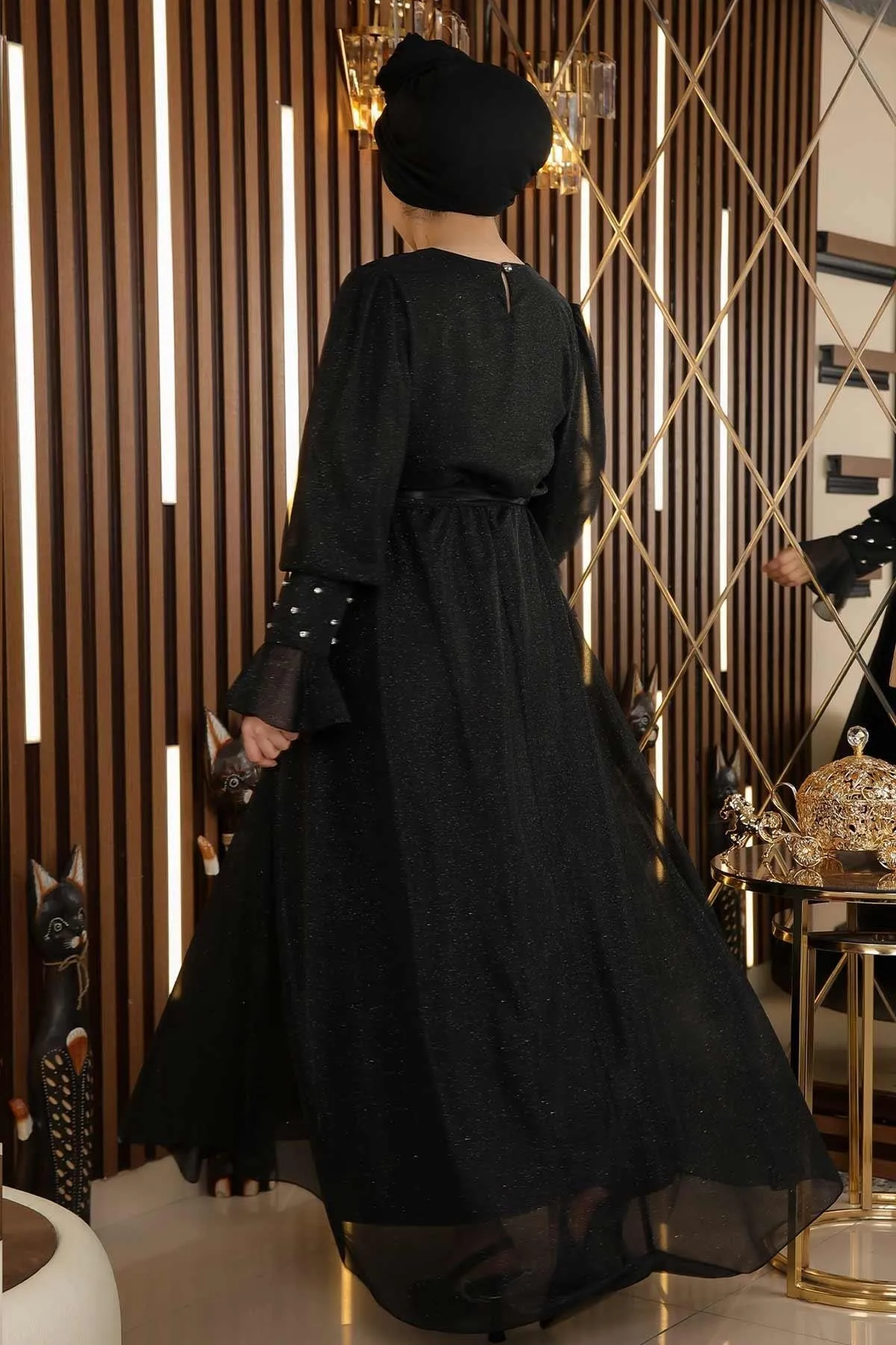 Modamihram  Abendkleid aus Chiffon mit Steindetail und Glitzer, Schwarz 19113