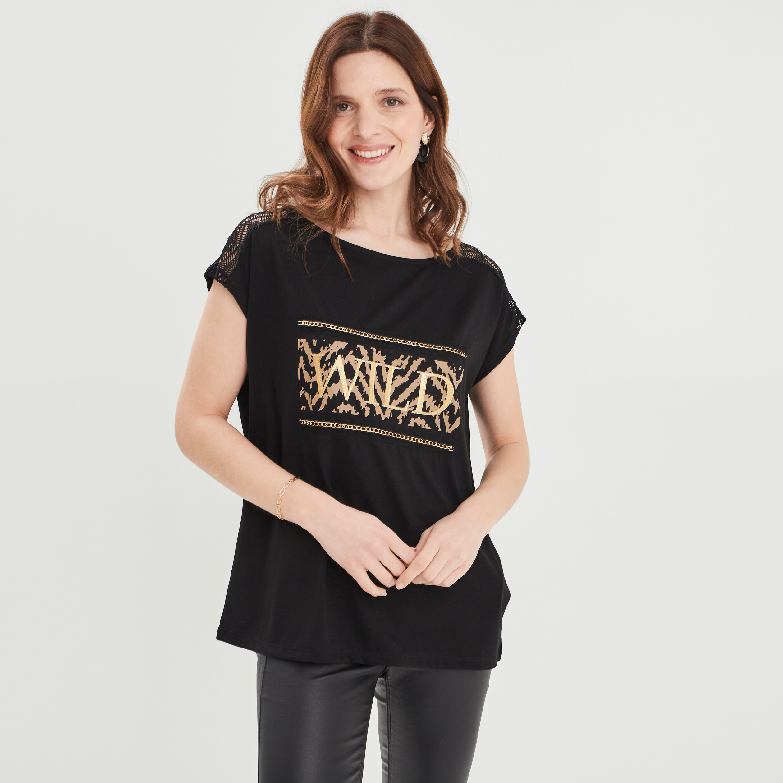 T-shirt manches courtes détails dentelle noir femme | La Halle