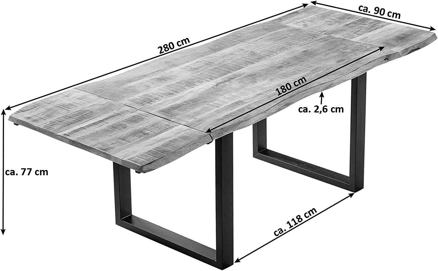 Junado® Essgruppe Noar III, Mangoholz, Baumkante, 2 Ansteckplatten, 6 Stühle