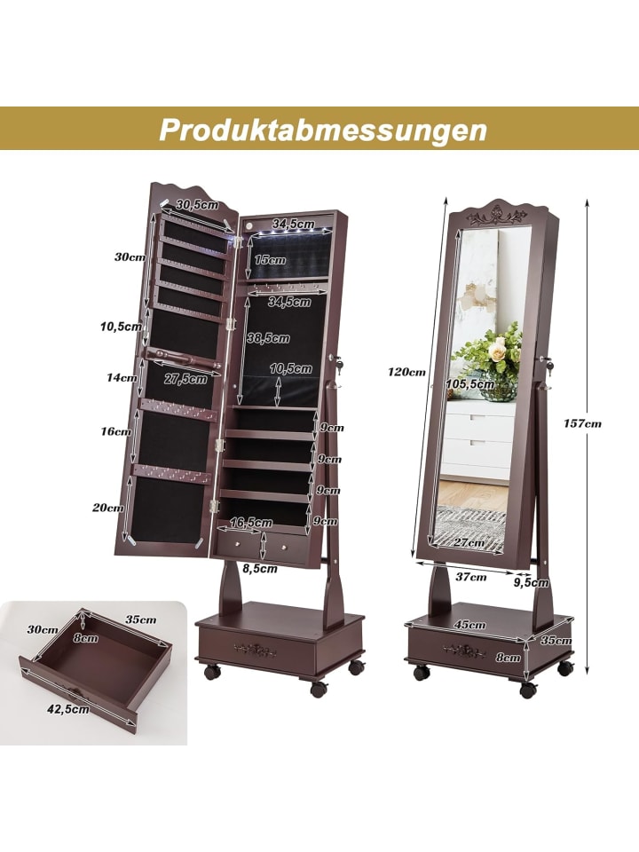 COSTWAY Schmuckschrank LED in Braun günstig kaufen 45 cm