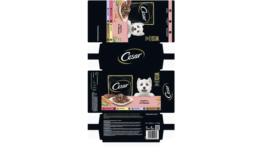 CESAR® Portionsbeutel Multipack Selektion in Sauce 4 Varietäten 12 x 100g 1200 g
