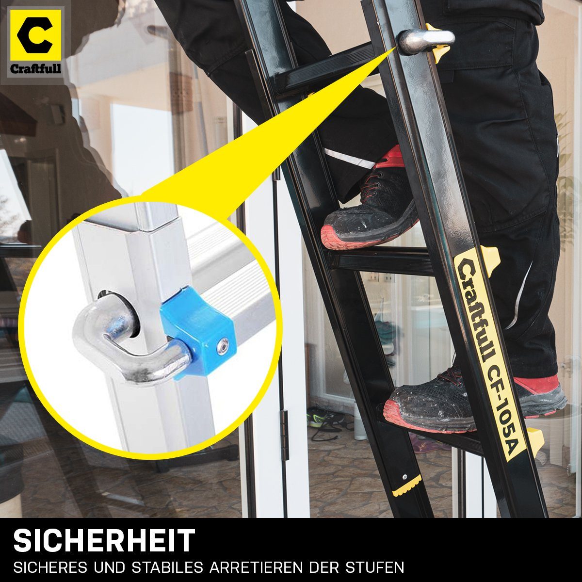 Craftfull Teleskopleiter 4in1 Treppenleiter CF-105A - 3 Jahre Garantie - 2,9-6,25 m - Aluminium (150 kg Traglast - Mehrzweckleiter Alu Stehleiter bis 150 kg - Anlegeleiter - Trittleiter - Wandleiter - Arbeitsbühne - Haushaltsleiter - Ausziehleiter -
