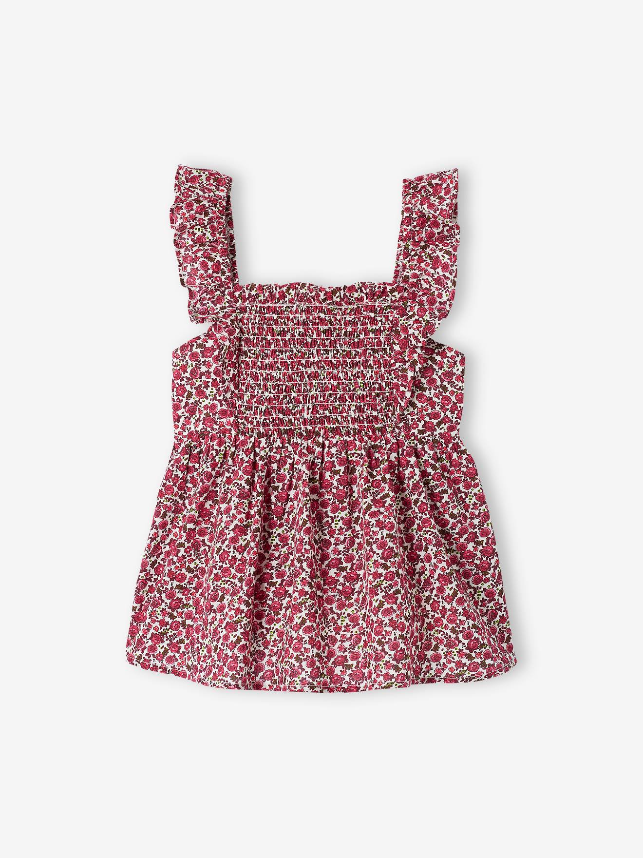 Blouse smockée à bretelles volantées fille corail